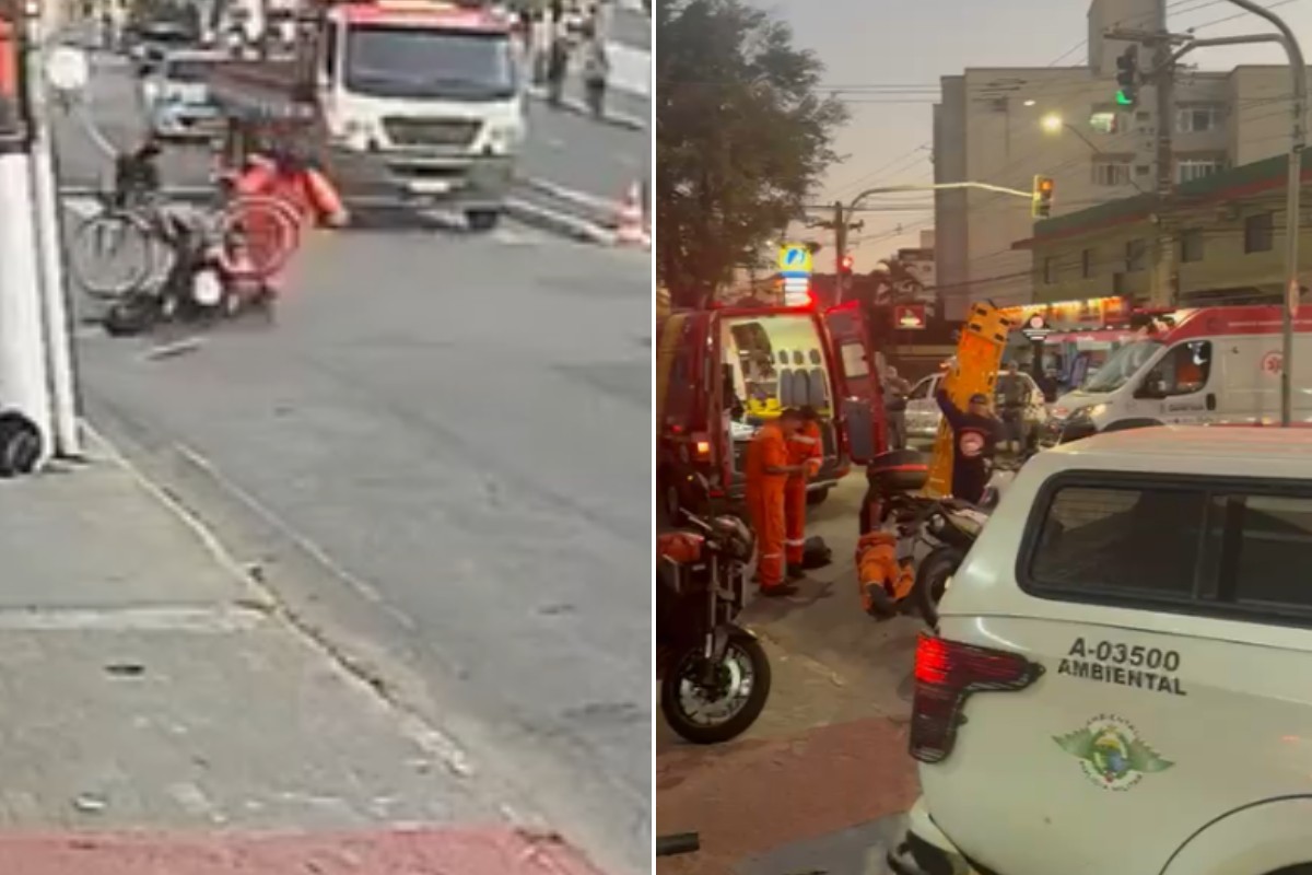 Ciclista e motociclista são arremessados após colisão em avenida de Guarujá; VÍDEO | Santos e Região