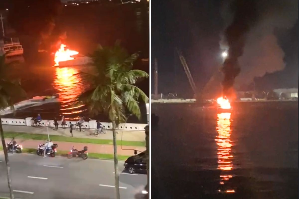 Lancha pega fogo no mar no litoral de SP | Santos e Região