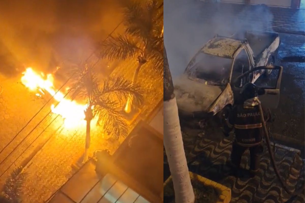 Carro pega fogo enquanto motorista estaciona na garagem em Praia Grande, SP
