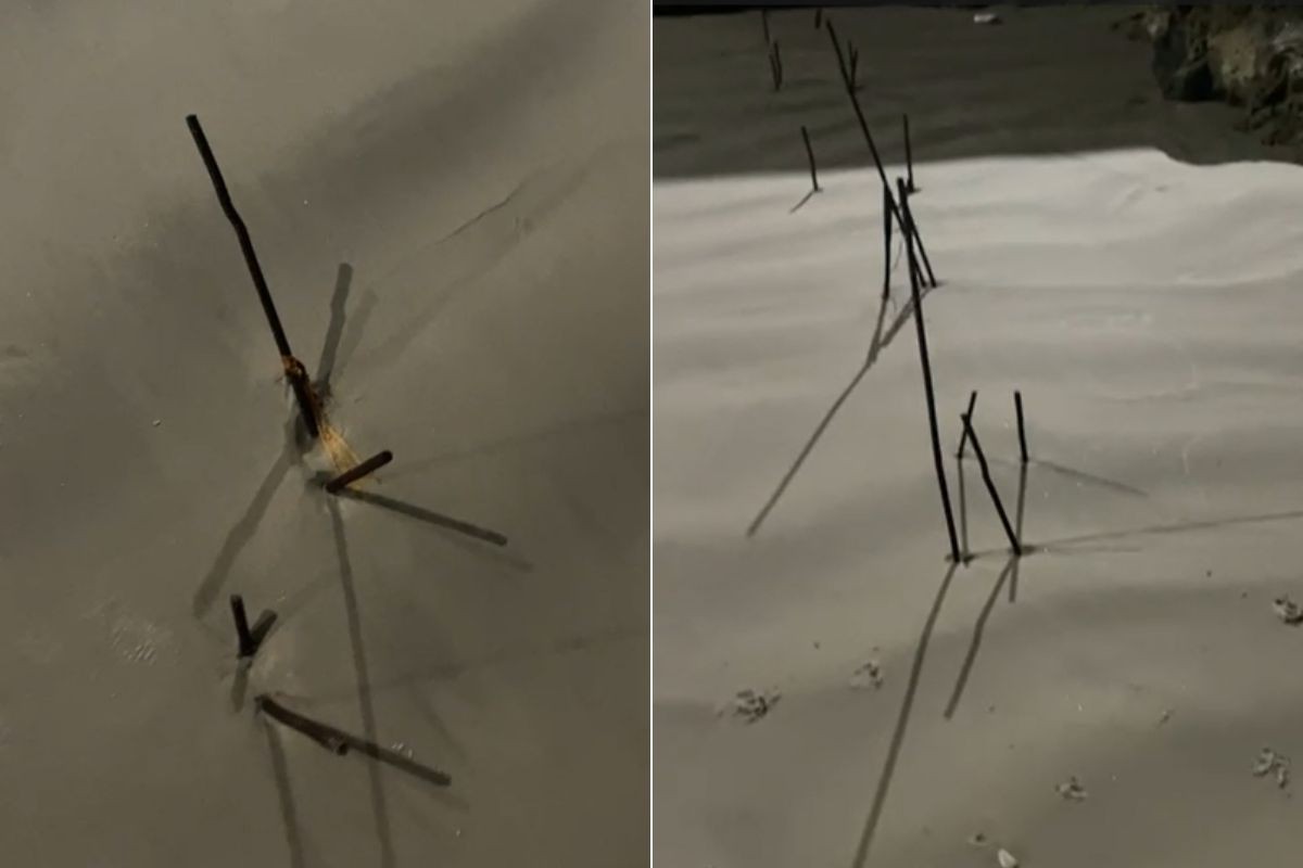 Espetos de ferro cravados na areia de praia no litoral de SP viram alerta de risco à saúde; VÍDEO