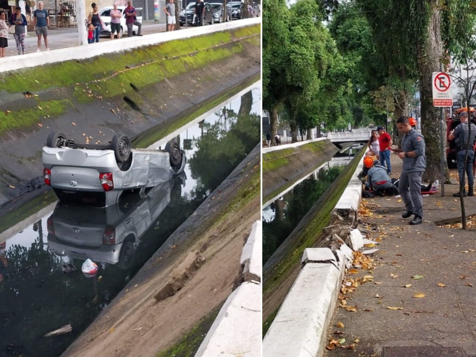 Motorista perde o controle e cai com o carro dentro de canal em Santos