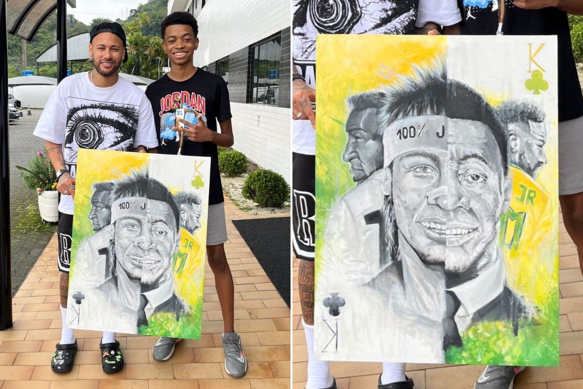 Neymar recebe quadro de artista de 16 anos