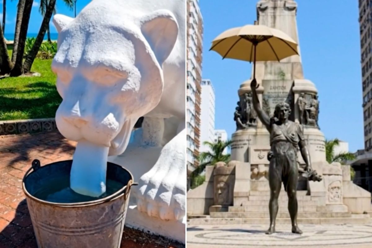 Vídeo feito por IA mostra estátuas se refrescando no calorão de Santos