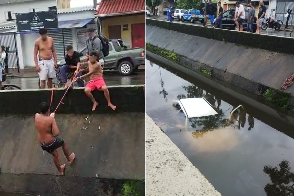 Motorista em alta velocidade capota carro e cai em canal; VÍDEO