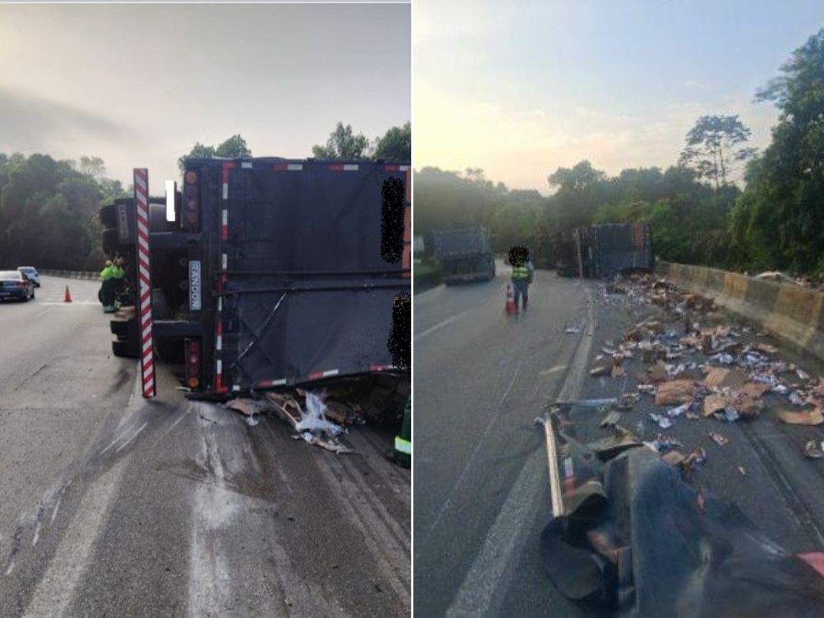 Carreta com carga de molho de tomate tomba em rodovia no litoral de SP