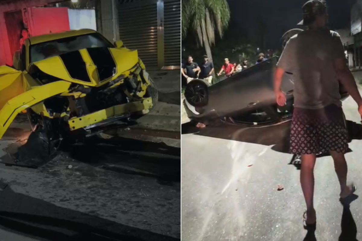 Colisão com Camaro amarelo causa capotamento e tumulto no litoral de SP; VÍDEO
