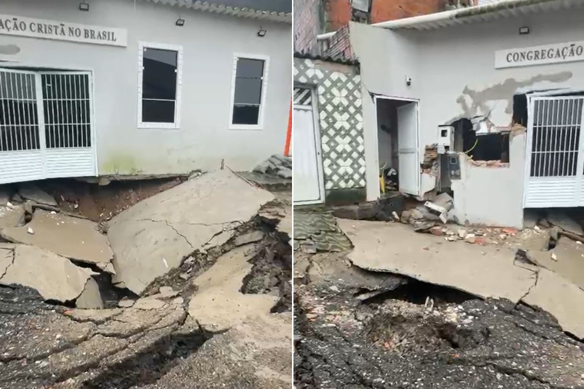 Cratera se abre após rompimento de tubulação; duas casas são interditadas no litoral de SP; VÍDEO