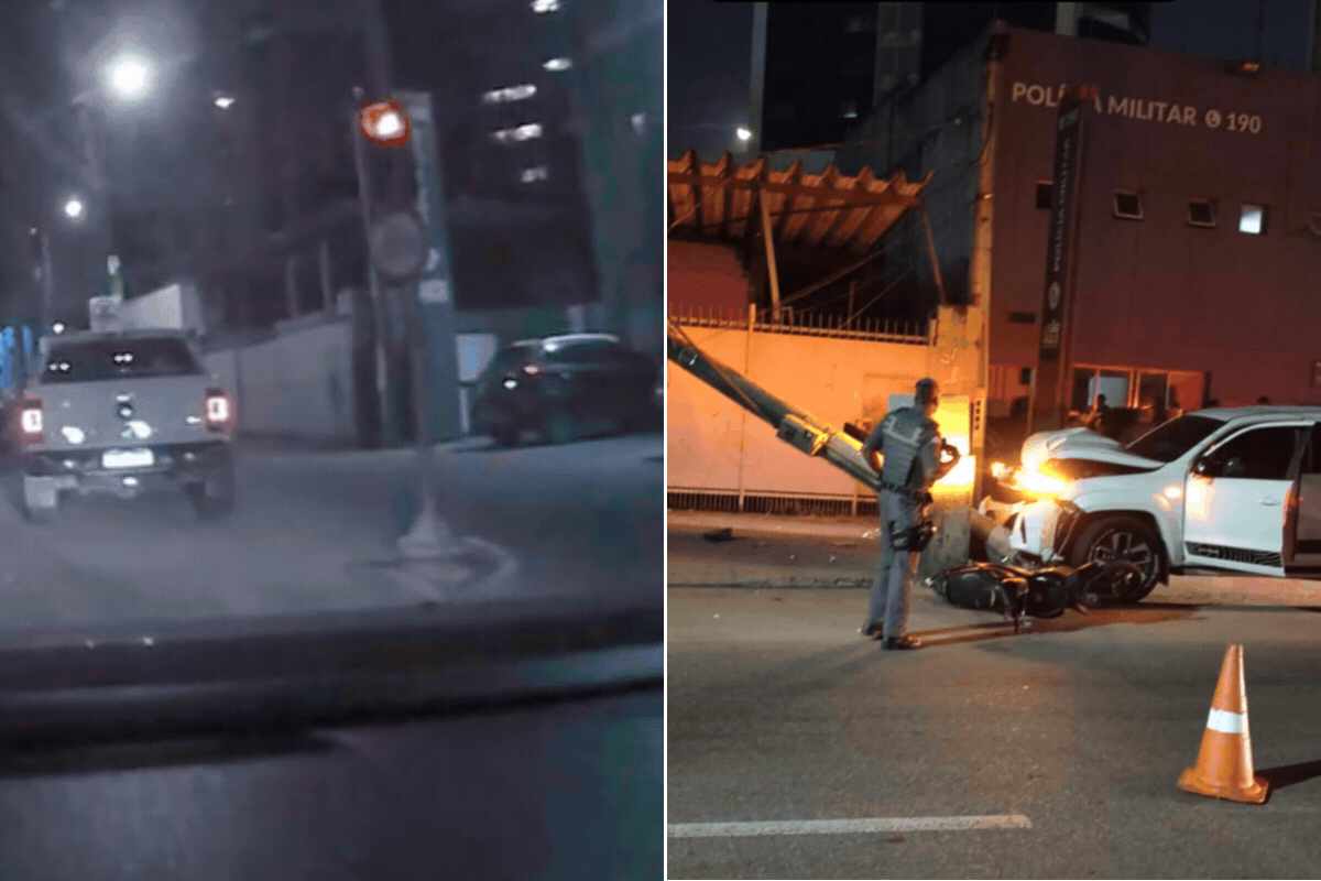 Motorista desmaia ao volante e bate caminhonete em poste em frente à companhia da PM; VÍDEO