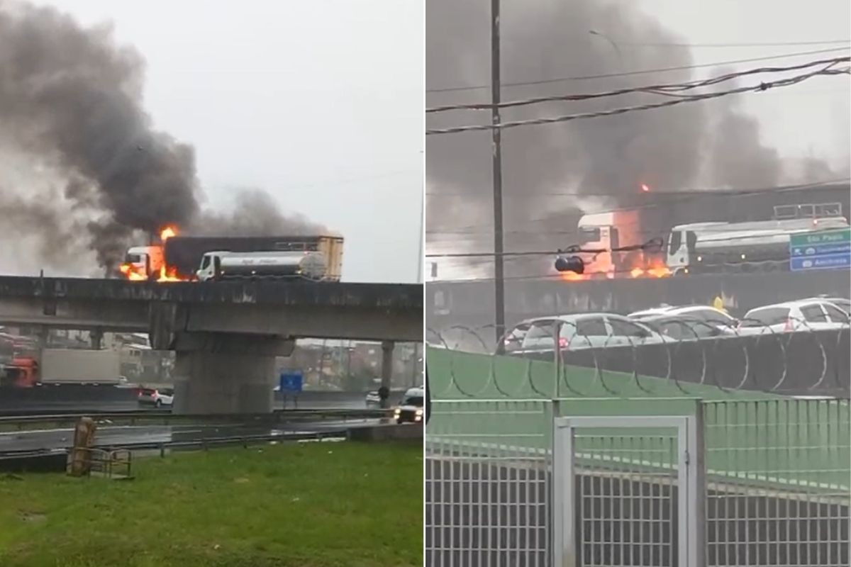 VÍDEO: Carreta carregada com açúcar pega fogo em rodovia de SP