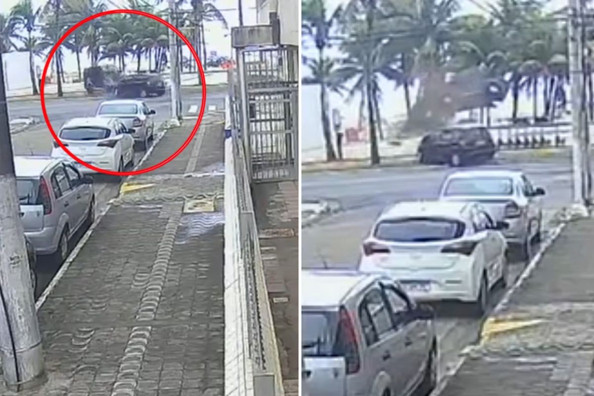 Carro capota, atravessa calçadão e para na areia da praia em SP