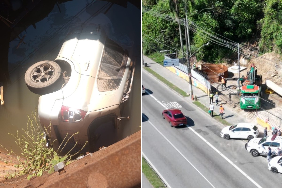 Mulher morre após carro invadir obra e cair em vala alagada litoral de SP